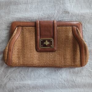 Tommy Hilfiger Tan Brown Woven Rattan & Leather Summer Clutch